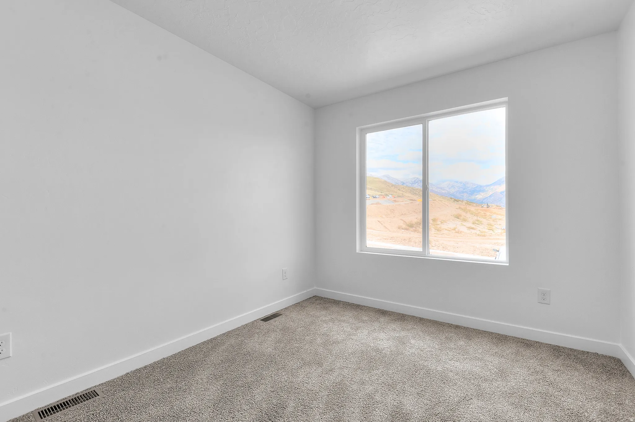 Wall-to-wall carpeting with a neutral finish, white walls, and a large window offering mountain scenery