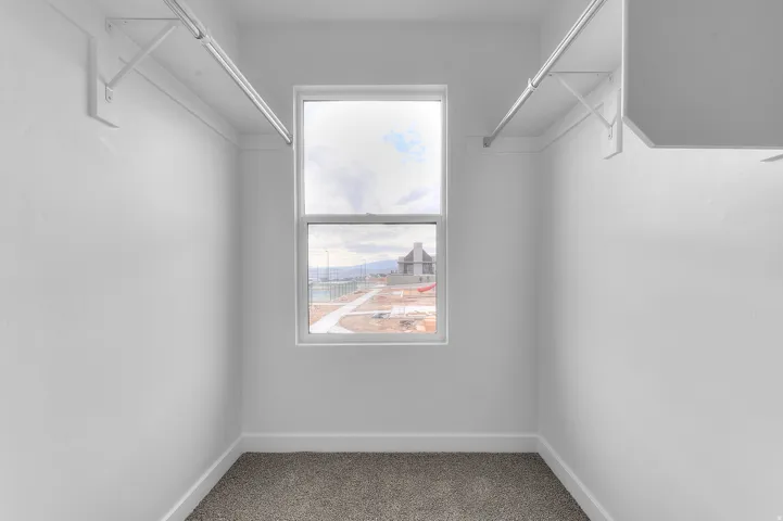 Carpeted flooring, white walls, built-in shelving, hanging rods, and a white-framed window