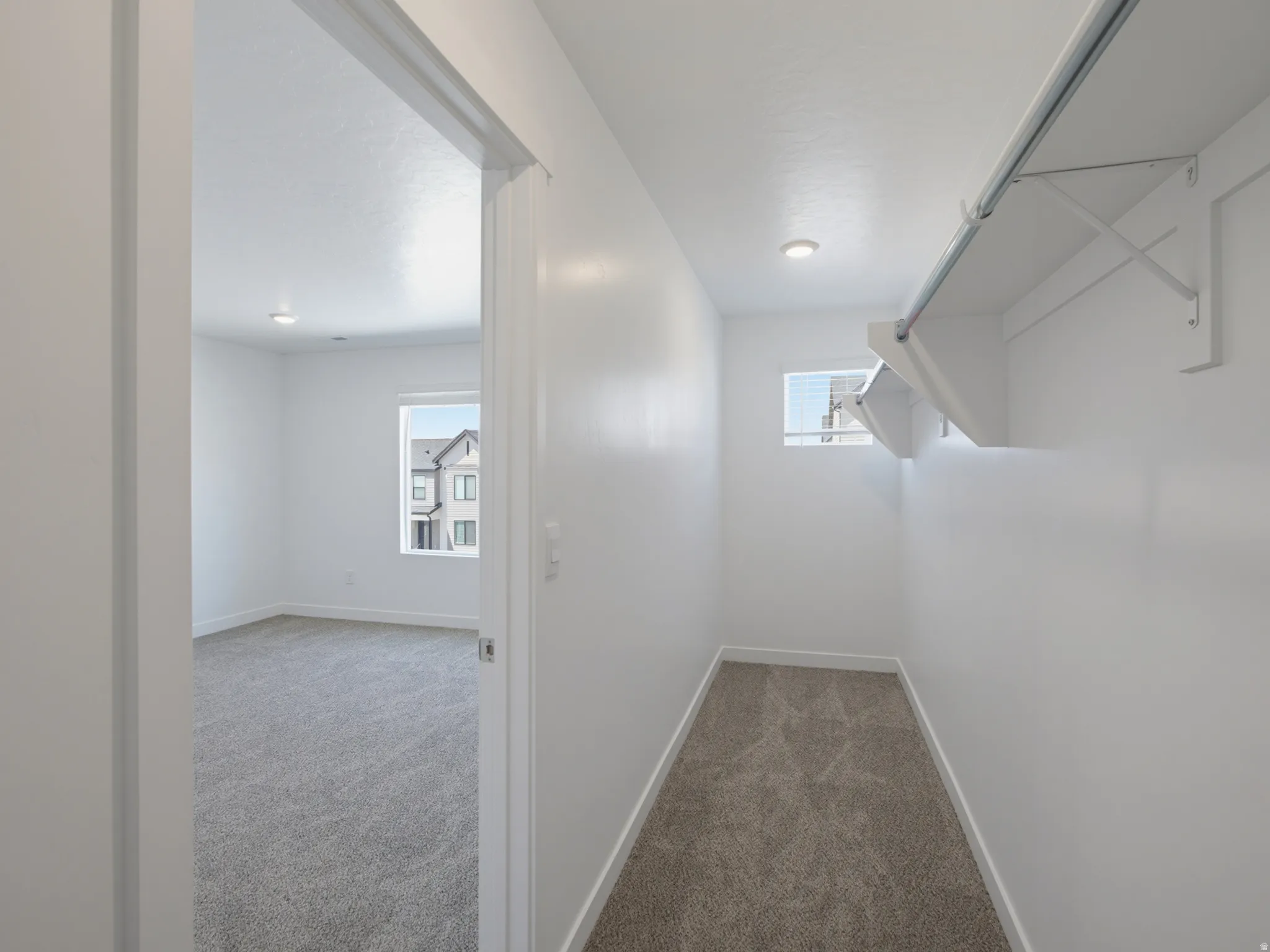 Carpeted walk-in closet with built-in shelving and window