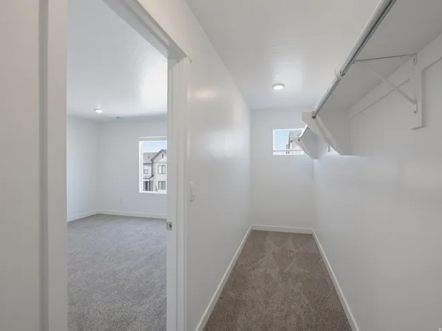 Carpeted walk-in closet with built-in shelving and window
