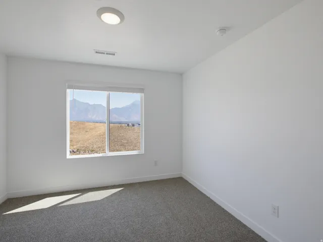 Neutral wall finishes and gray carpeting complement the large window with mountain scenery