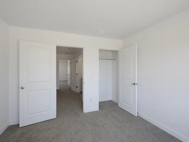 Neutral-toned carpeting, white interior doors, and a built-in closet with hanging rod