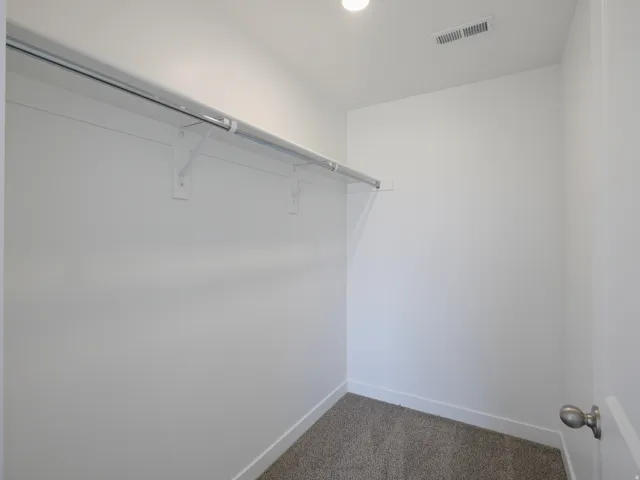 Recessed ceiling light with textured carpet flooring, painted walls, and a built-in closet rod with shelving