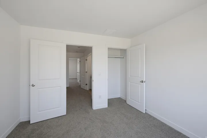 Neutral wall color, carpeted flooring, white trim, recessed closet, and contemporary paneled doors