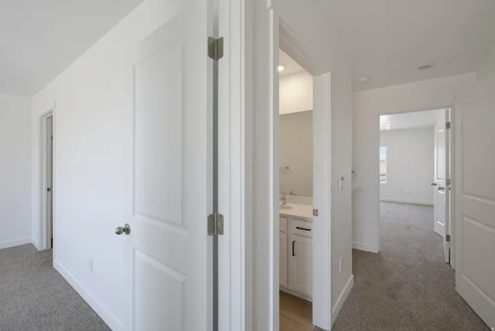 Recessed lighting, wood-finish flooring, white vanity with integrated sink, white walls, and gray carpet