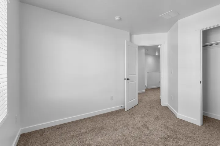 Neutral wall color, carpeted flooring, window with horizontal blinds, solid core door, and an open closet