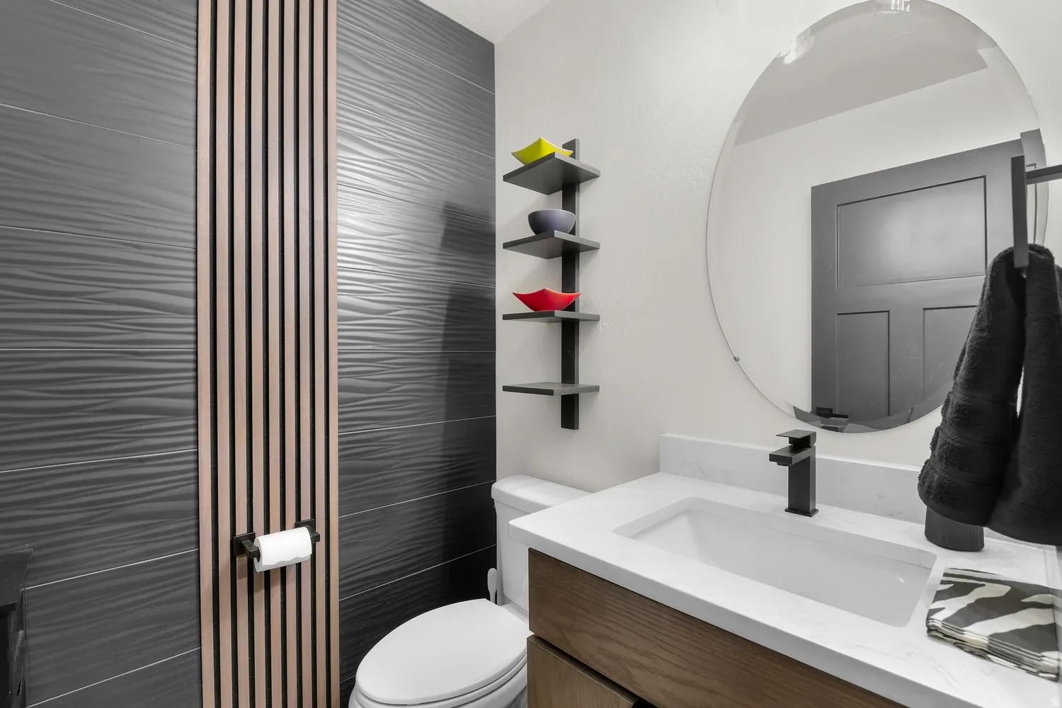 Half bath on main floor, gorgeous feature wall