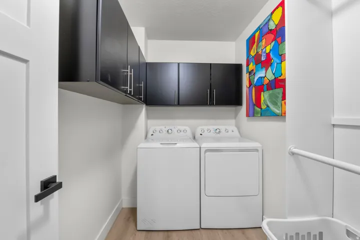 Built-in black cabinetry with brushed nickel hardware and wood-finish flooring
