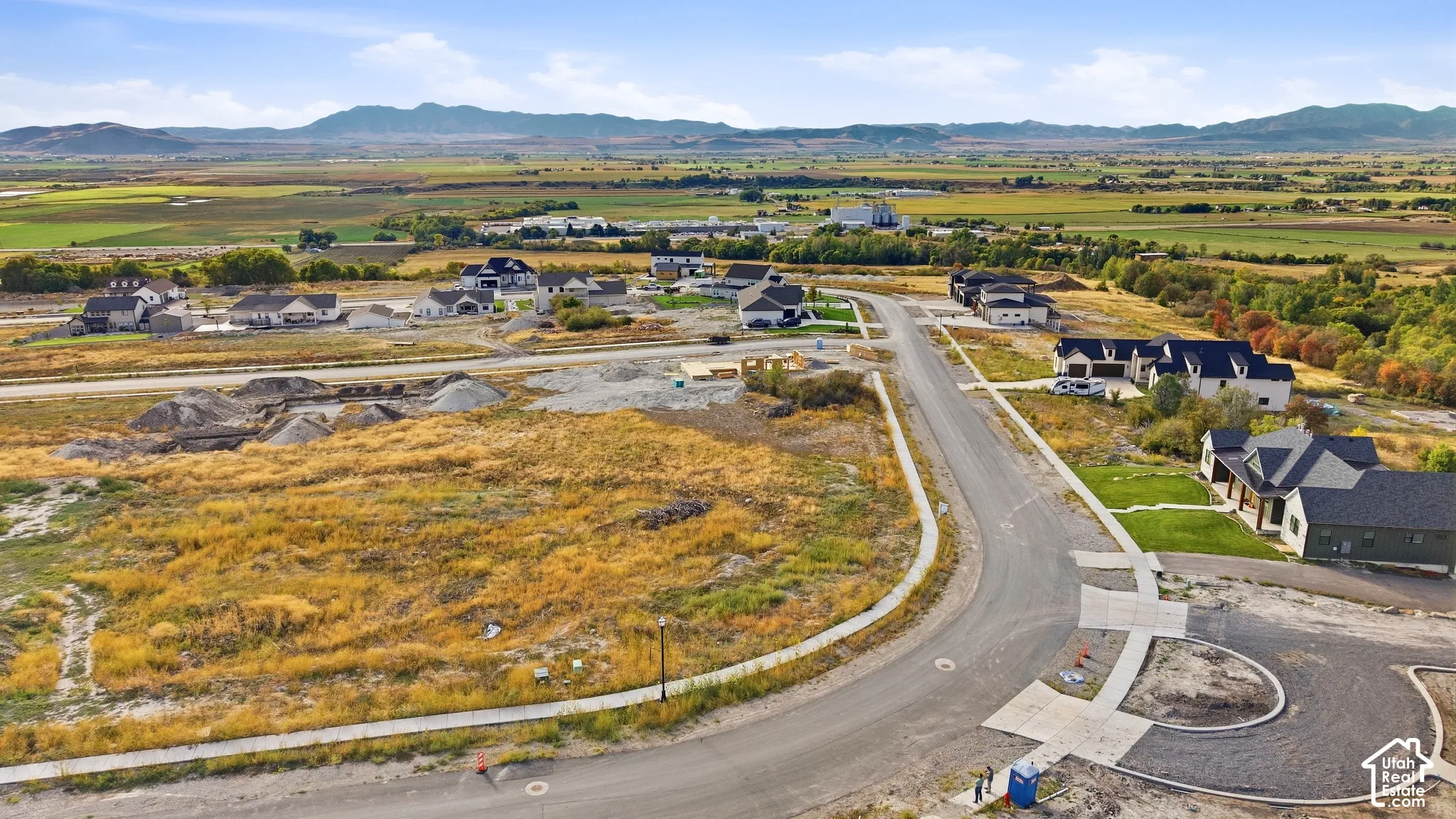 Expansive land parcel with surrounding developed properties, featuring a paved road and established curb appeal