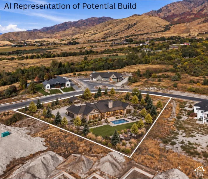 AI representation of a residence with a rectangular pool, extensive hardscaping, manicured lawn, and mature landscaping, bordered by a road