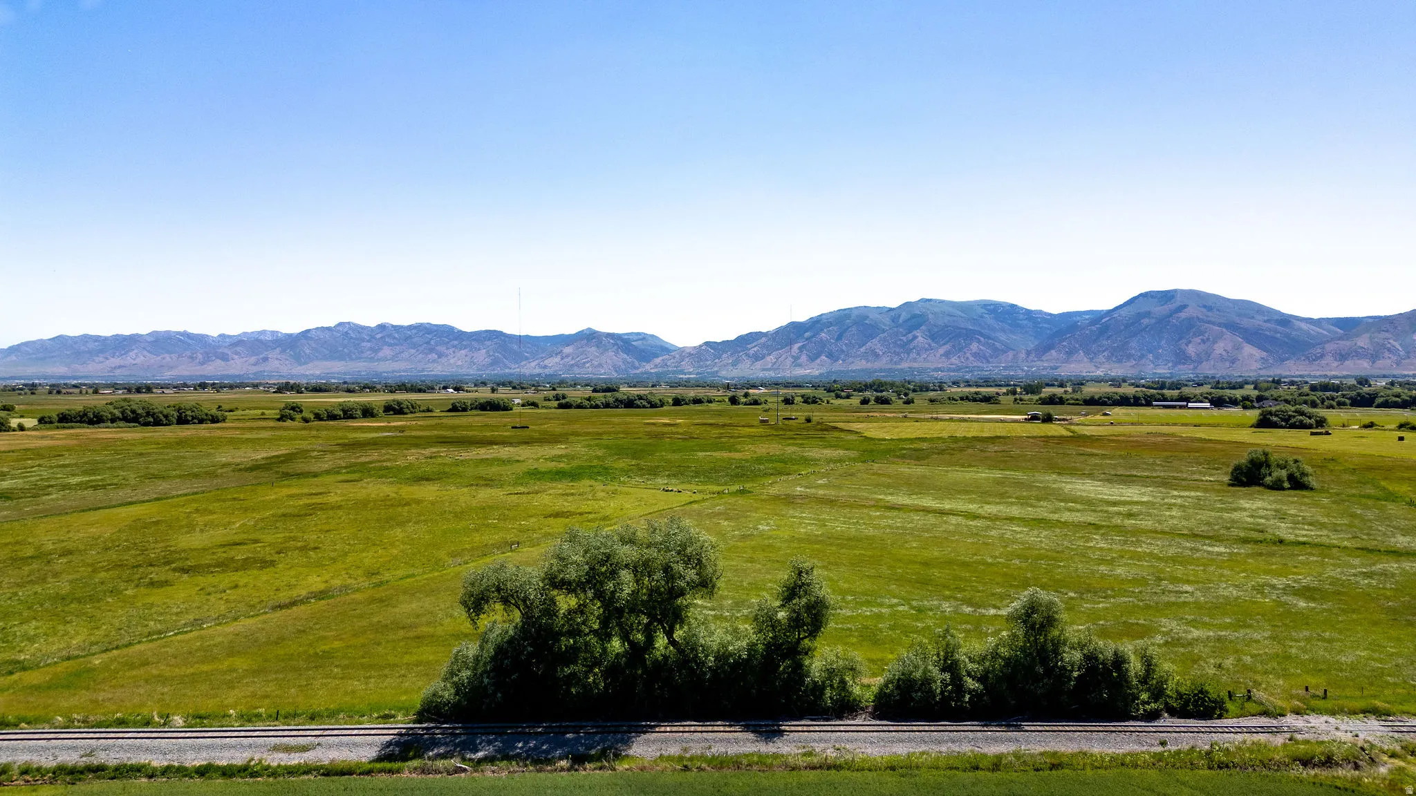 Expansive green fields with distant mountains under a clear sky
