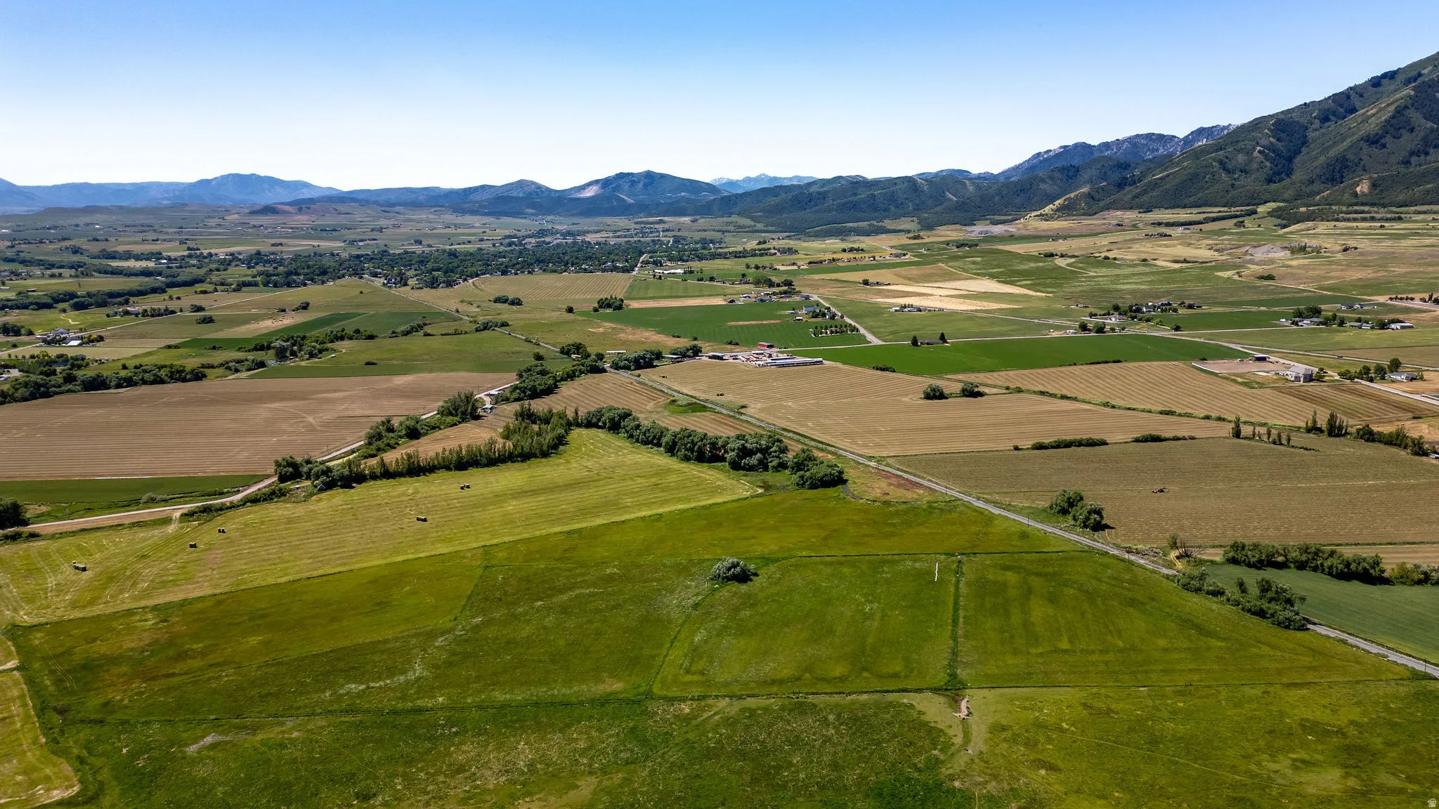 Expansive agricultural fields with varied crop stages, bordered by a distant mountain range