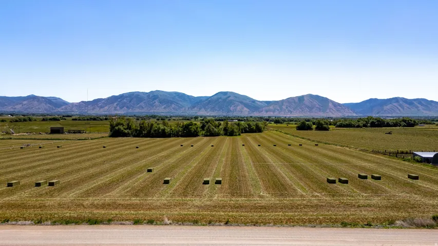 Expansive agricultural property featuring cultivated fields and a distant mountain range