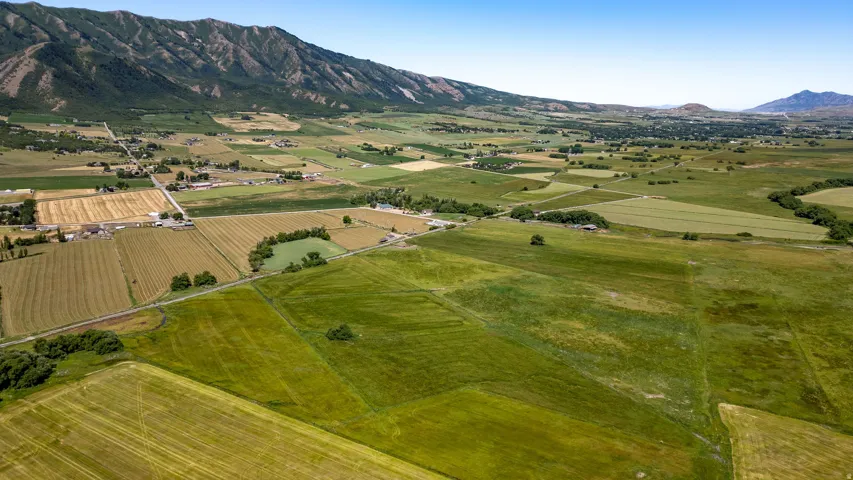 Expansive green and cultivated fields with distant mountainous terrain and scattered buildings