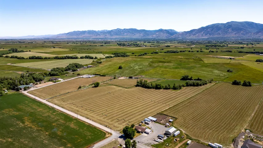 Expansive agricultural fields with distant mountain backdrop