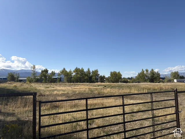 Expansive pasture with sturdy metal ranch-style fencing, mature tree line providing natural screening, and mountain backdrop