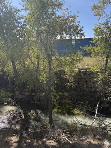Stone retaining wall bordering a natural water feature with established trees and vegetation