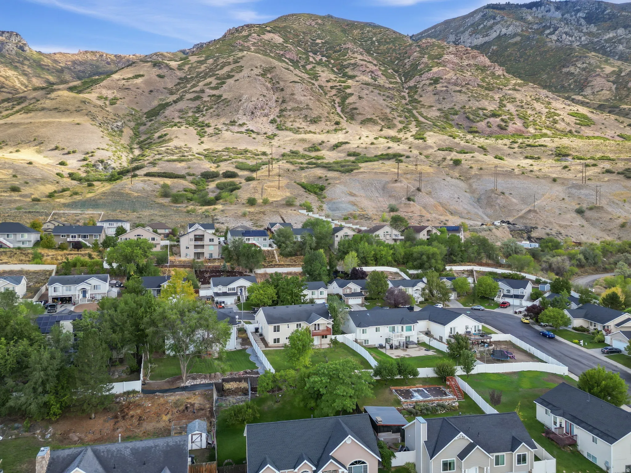 Residential community with mature trees and mountain backdrop