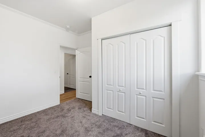 Grey carpet flooring, white baseboards, crown molding, white bi-fold closet doors, and a white interior door