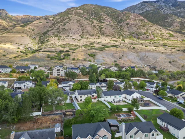 Residential community with mature trees and mountain backdrop