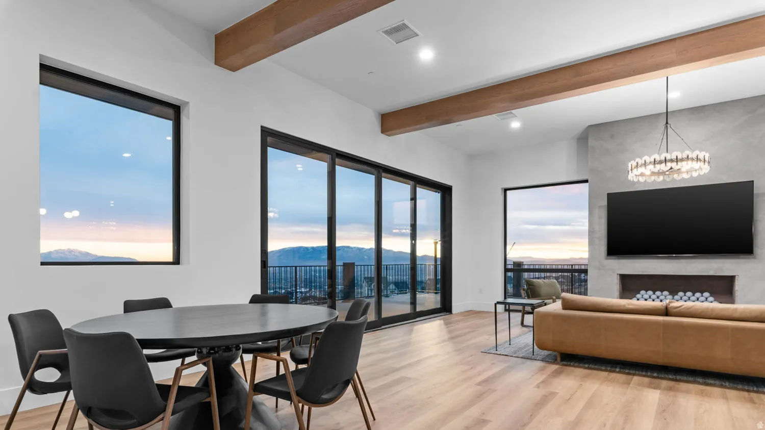 Spacious interior with high ceilings and exposed wood beams