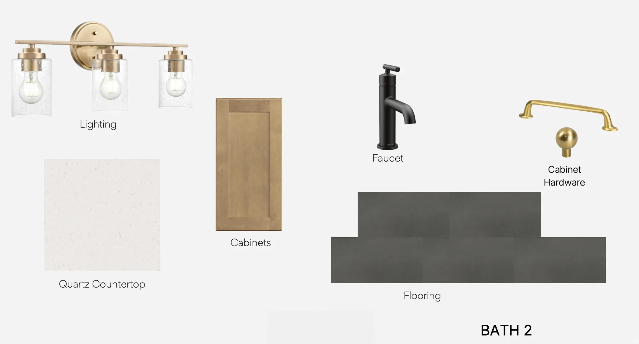 Interior design board for second bathroom.