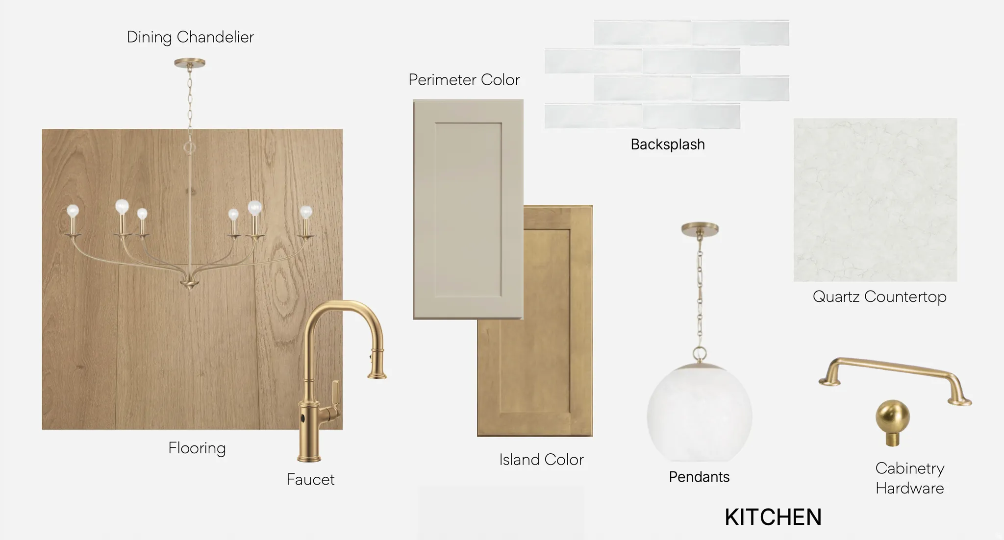 Kitchen Design Board. Illustrating material and fixture selections for the property's kitchen