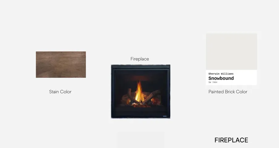 Design Specification, Fireplace. Detailing the stain color, fireplace unit, and painted brick color selection for the property
