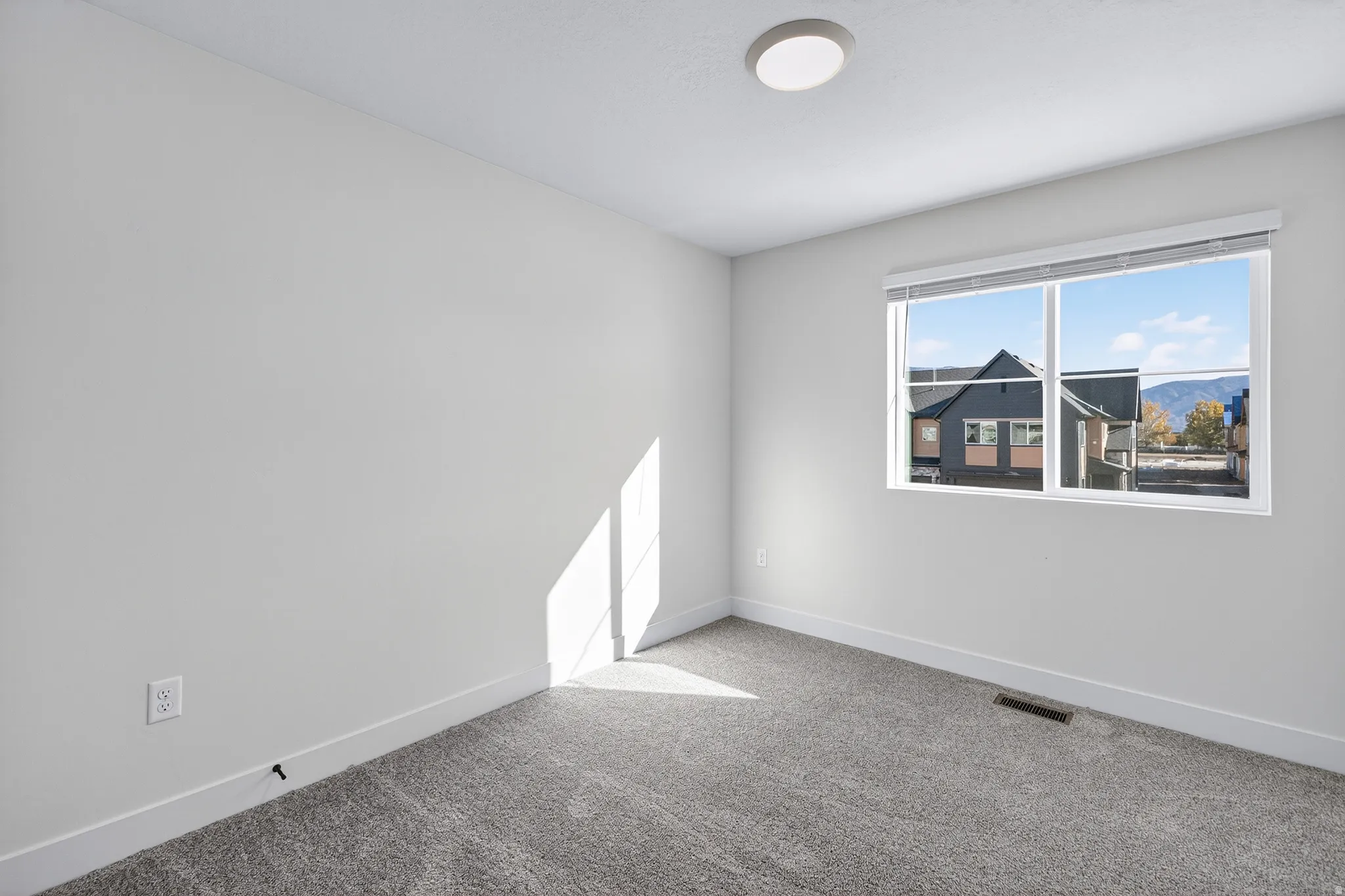 Neutral wall paint, plush carpeting, white trim, flush mount ceiling light, and a horizontal window