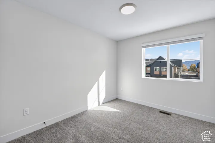 Neutral wall paint, plush carpeting, white trim, flush mount ceiling light, and a horizontal window