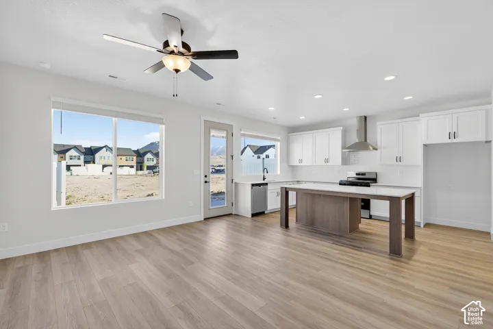 Recessed lighting, wood-finish flooring, white cabinetry, stainless steel appliances, and a central island