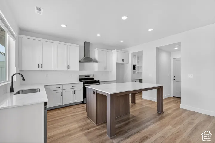 White shaker cabinetry, recessed lighting, wood-finish flooring, central island with solid surface countertop, and stainless steel appliances