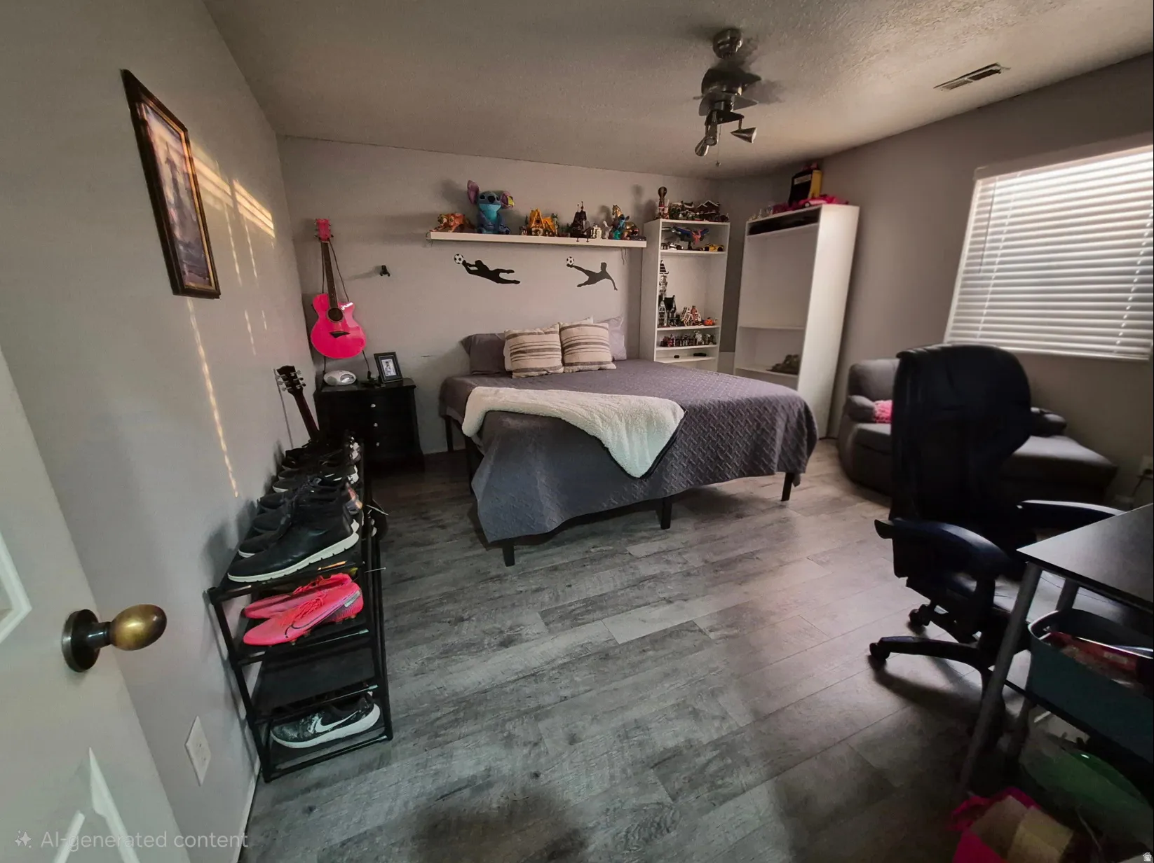 Wood-finish flooring throughout, ceiling fan with track lighting, and a window with blinds