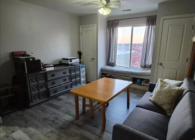 Wood-finish flooring, ceiling fan, built-in window seat, and paneled doors