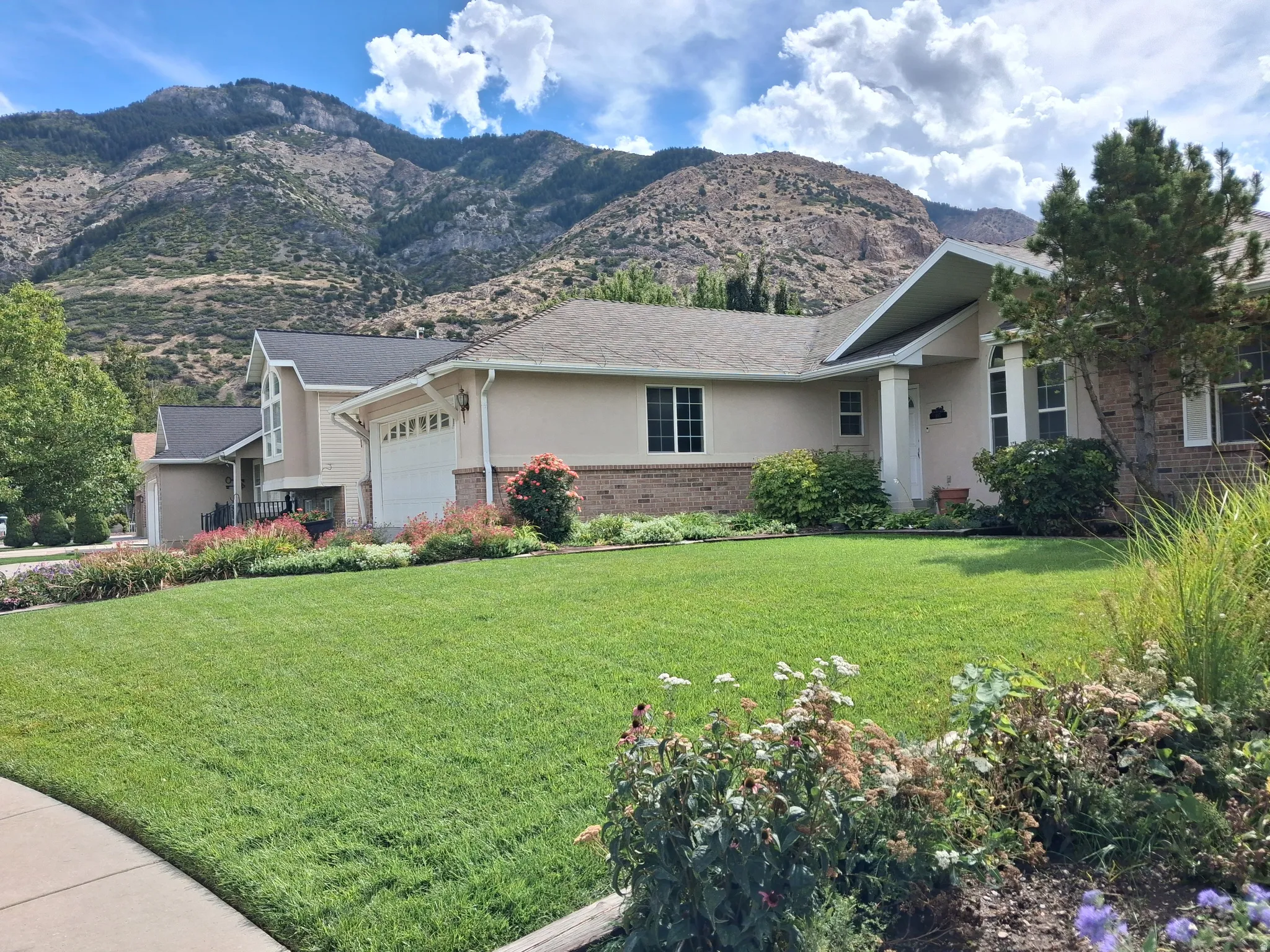 Expansive front lawn with established landscaping, a paved walkway, and a home exterior featuring stucco and brick accents