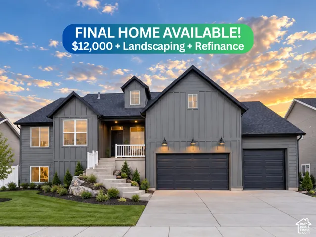 Board and batten siding, dark shingle roof, concrete driveway, front porch with white railing, and exterior wall sconces