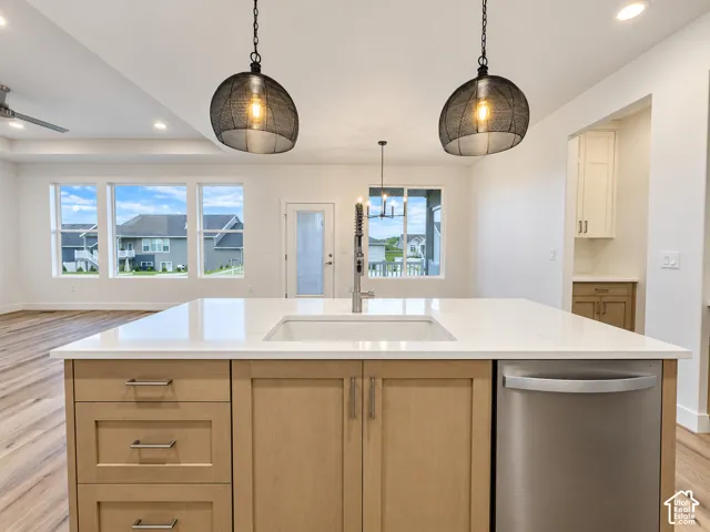 Kitchen island with an undermount sink, light wood-finish cabinetry, and stainless steel dishwasher