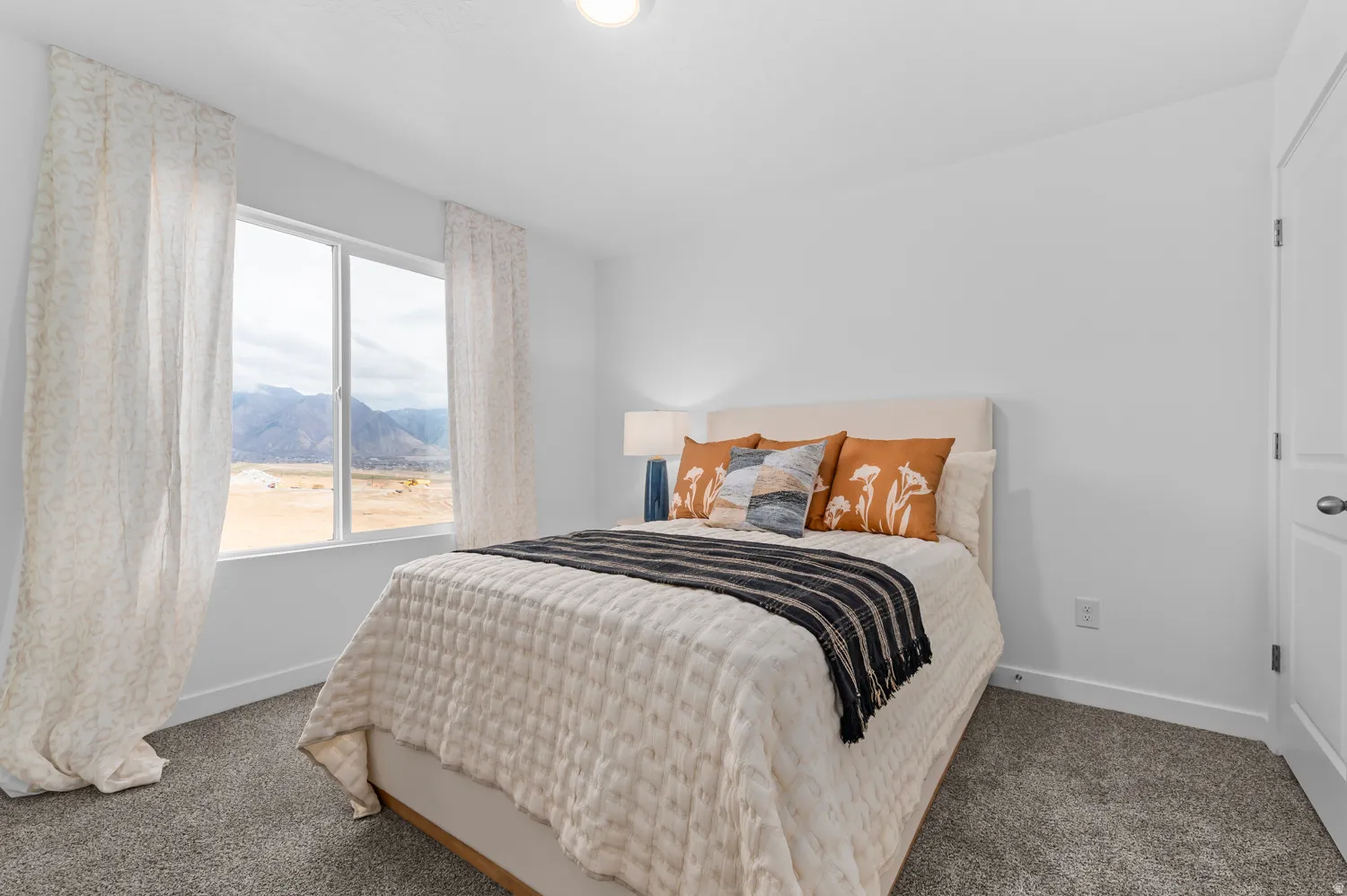 Expansive window with mountain scenery, neutral wall tones, textured carpeting, and a white paneled door