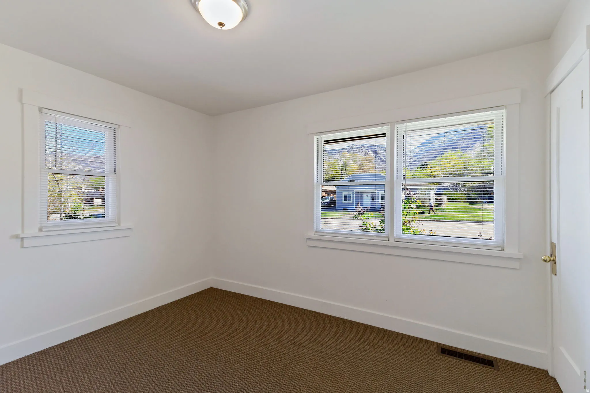 White walls, two windows, wall-to-wall carpeting, and a flush mount ceiling light