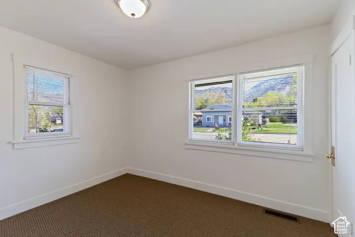 White walls, two windows, wall-to-wall carpeting, and a flush mount ceiling light