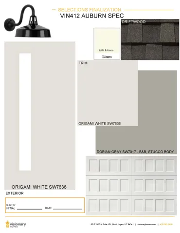 Selections Finalization, VIN412 Auburn Spec. Detailing the selected exterior finishes and colors for the property, including buyer initial and date fields