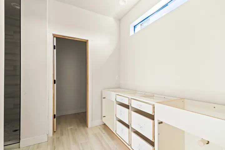 Wood-finish flooring with an elongated window