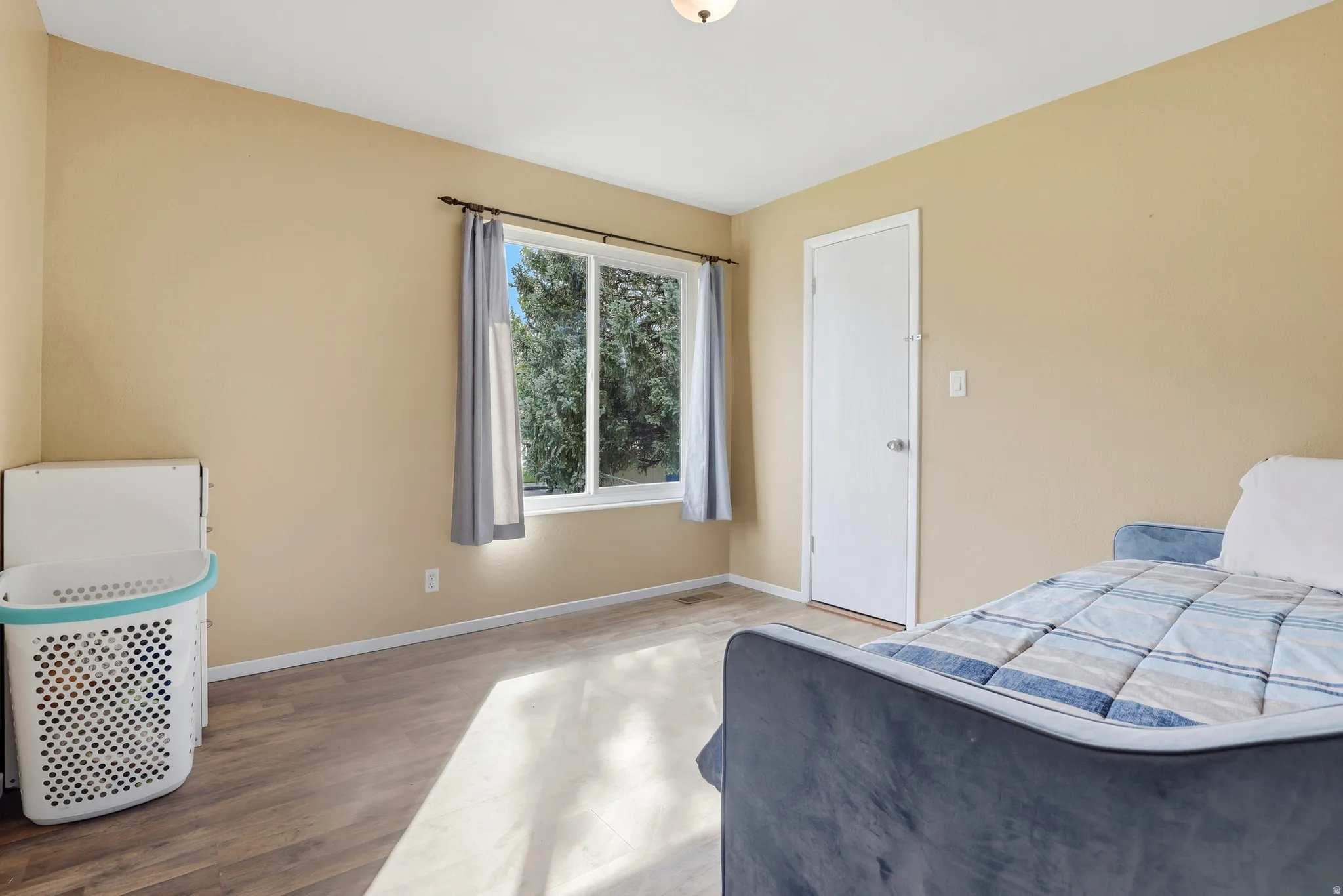 Wood-finish flooring, neutral wall tones, and a white interior door