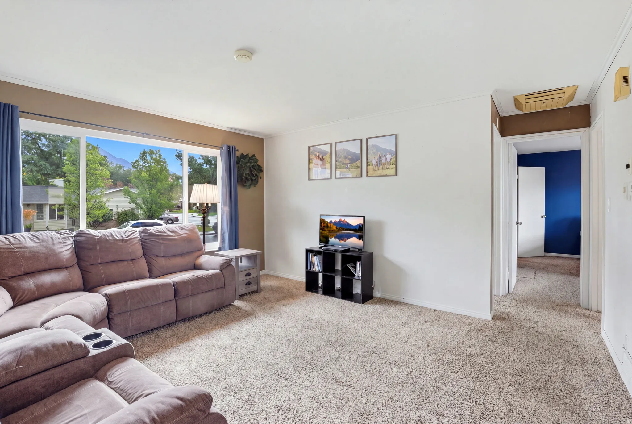 Expansive new window offering a broad outdoor scenery, wall-to-wall carpeting, and an open doorway