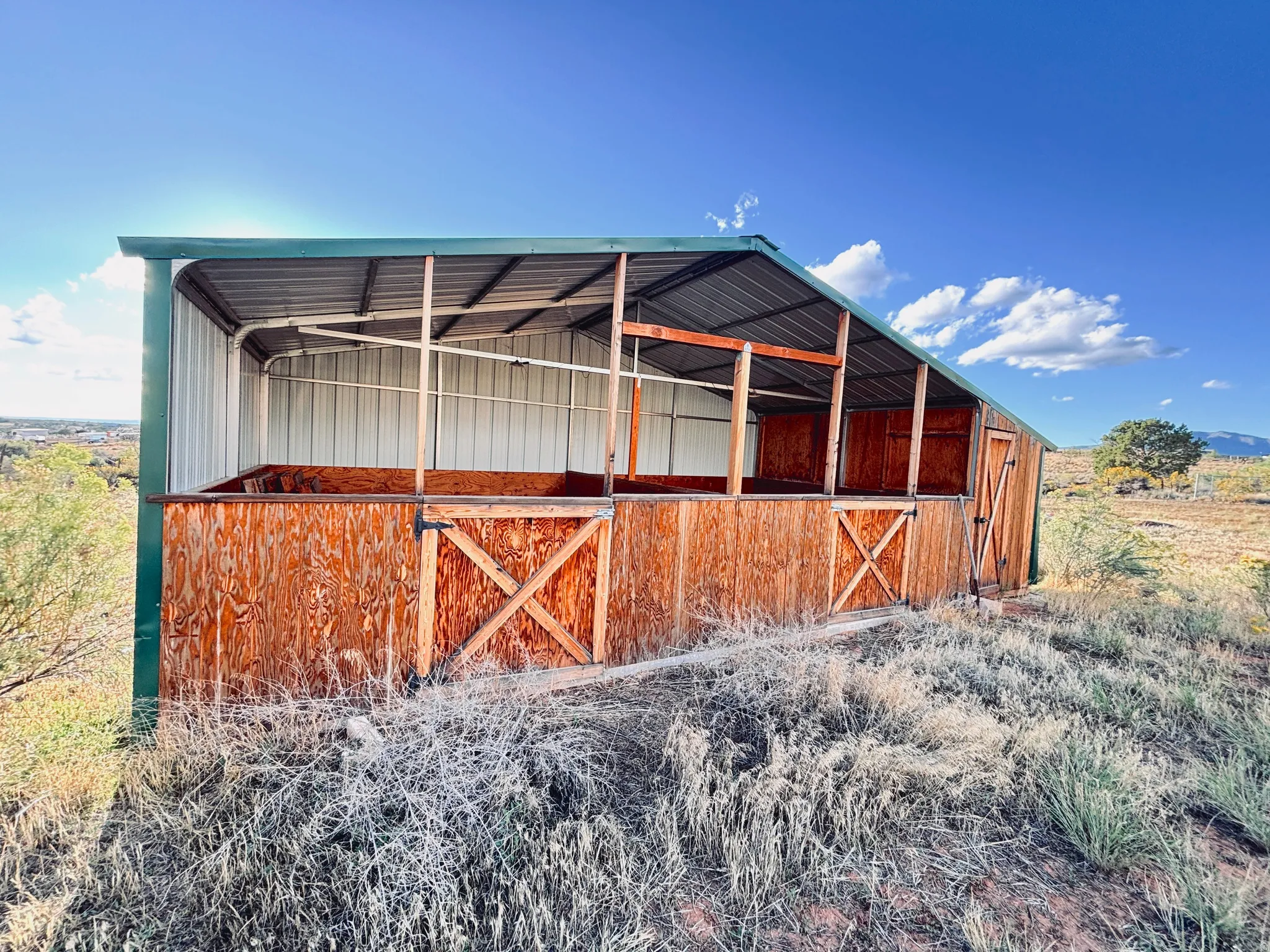 Metal roof structure with wood-panel siding and an attached wood-paneled storage shed