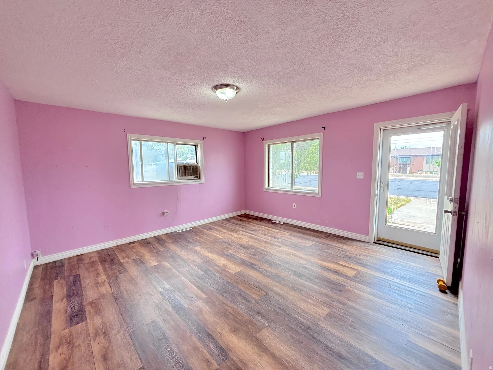 Wood-finish flooring throughout, two windows, and a glass-paneled exterior door