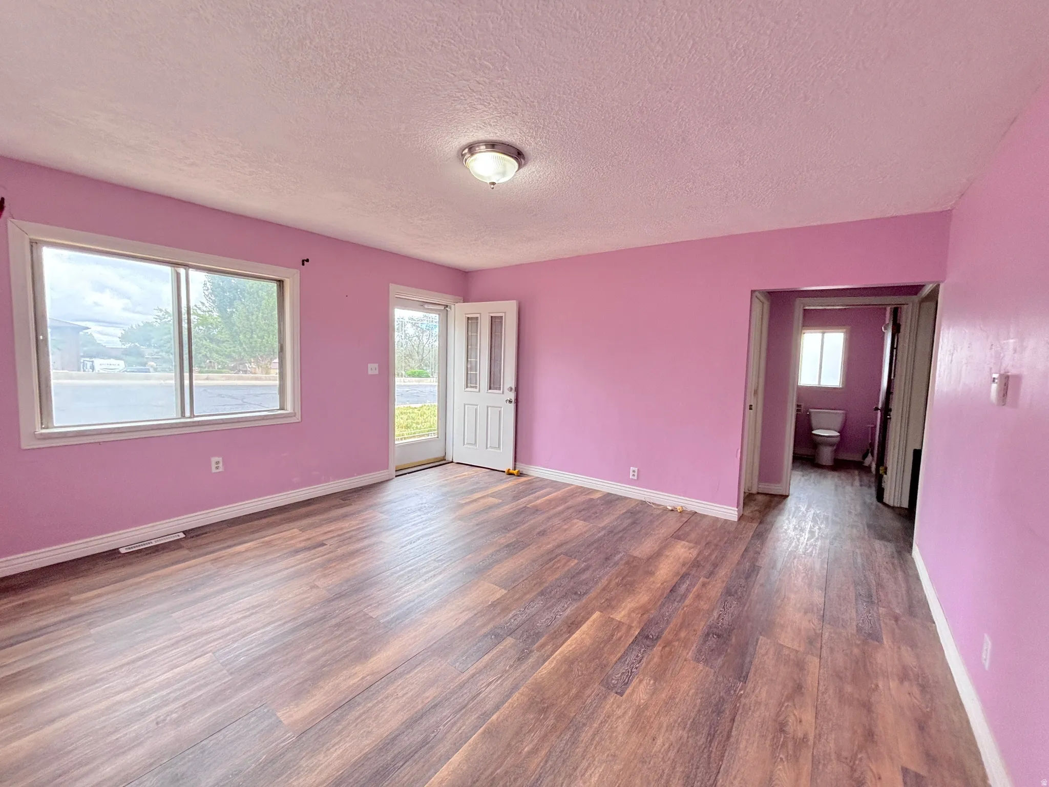 Wood-finish flooring throughout, bright walls, flush mount ceiling light, and white trim