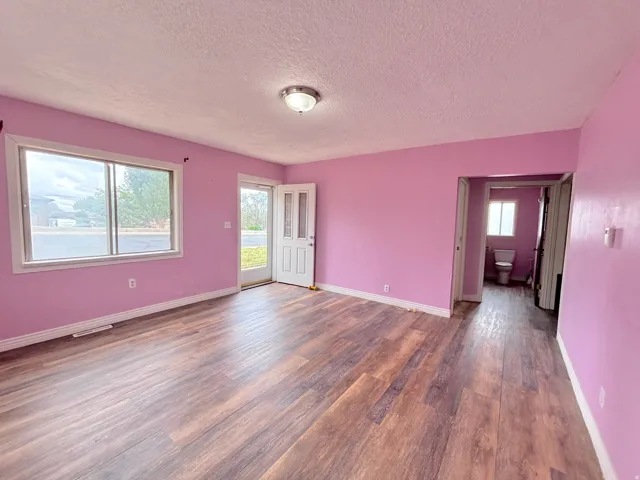 Wood-finish flooring throughout, bright walls, flush mount ceiling light, and white trim