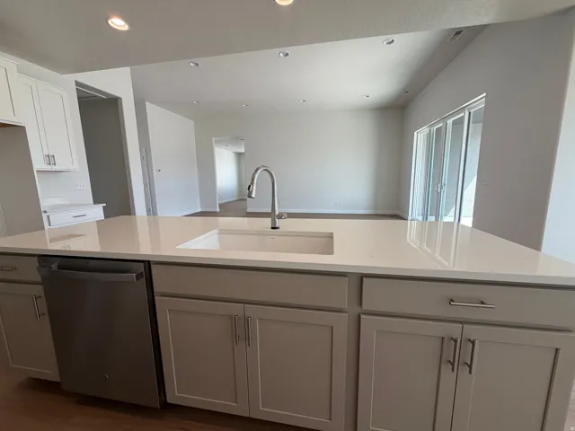 View from kitchen island. Quartz counters, composite single bowl sink w/gooseneck TOUCH faucet