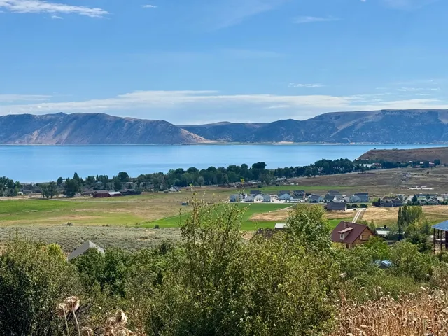 Expansive water body, distant mountains, scattered residential structures, and natural green landscaping